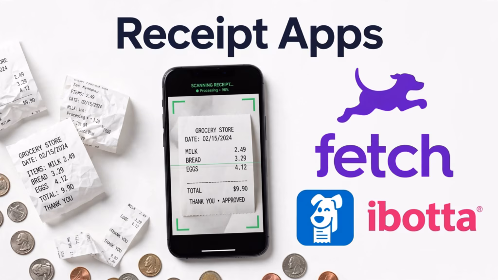 Phone scanning a receipt next to the Fetch, Receipt Hog, and Ibotta logos