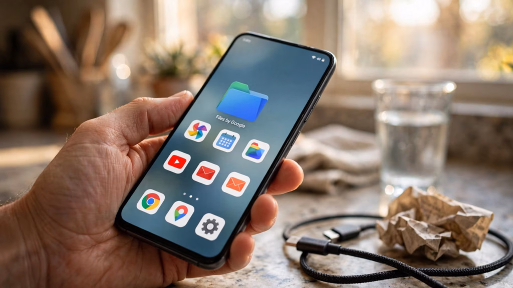 Hand holding a phone with the Files by Google icon above a cluttered kitchen counter with a charger cable and a receipt