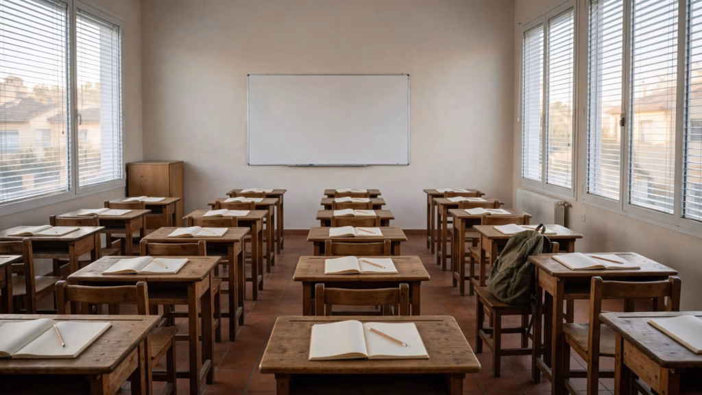 Aula vacía de formación de adultos con pupitres, cuadernos abiertos y una mochila sobre una silla