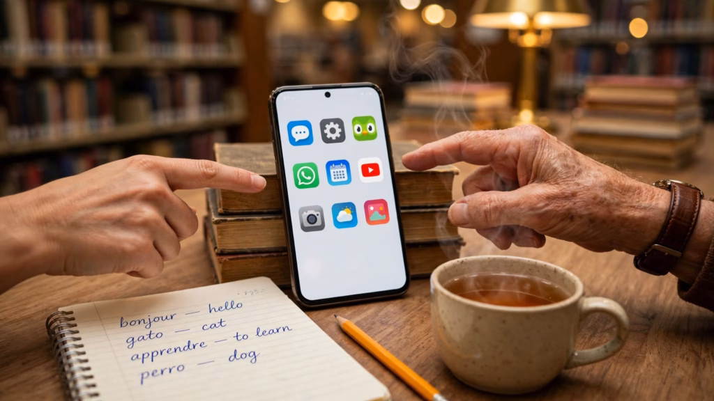 Two pairs of hands pointing at a phone showing the Duolingo icon, next to a notebook of handwritten words in a library