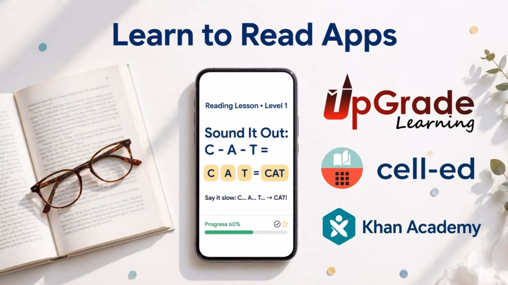 Phone with a reading lesson next to the Learning Upgrade, Cell-Ed, and Khan Academy logos