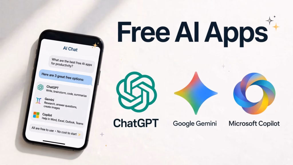 Phone with an AI chat next to the ChatGPT, Gemini, and Copilot logos