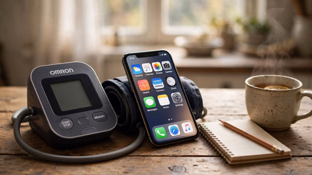 Omron blood pressure monitor on a kitchen table next to an iPhone showing the Apple Health and Omron connect app icons