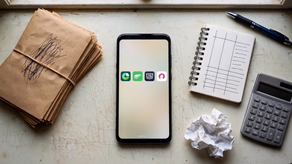 Phone showing the Goodbudget, EveryDollar, PocketGuard, and Rocket Money icons beside paper envelopes, a notebook, and a calculator