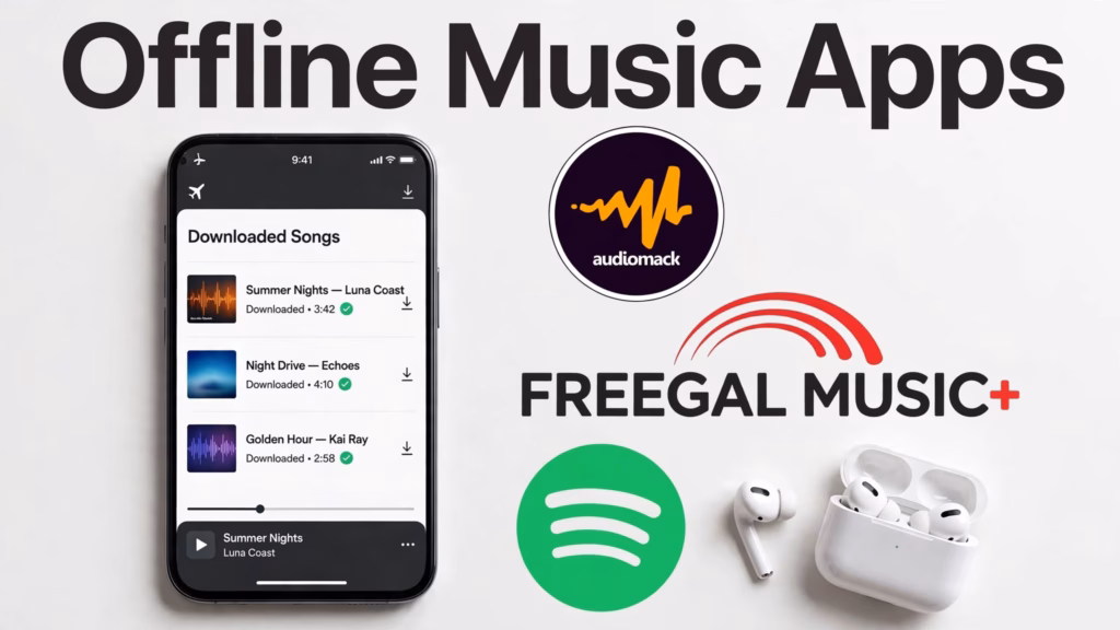 Phone with downloaded songs and airplane mode next to the Audiomack, Freegal, and Spotify logos