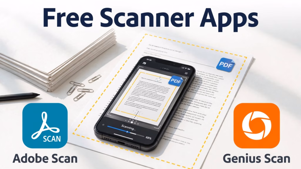 Phone scanning a document with a PDF icon next to the Adobe Scan and Genius Scan logos