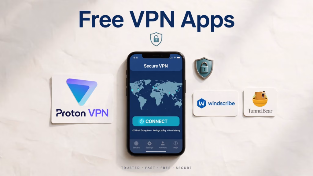 Phone with a VPN connect screen next to the Proton VPN, Windscribe, and TunnelBear logos