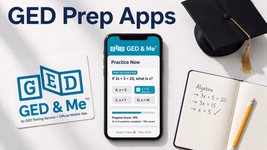 Phone showing the GED & Me app and logo with a graduation cap and notebook