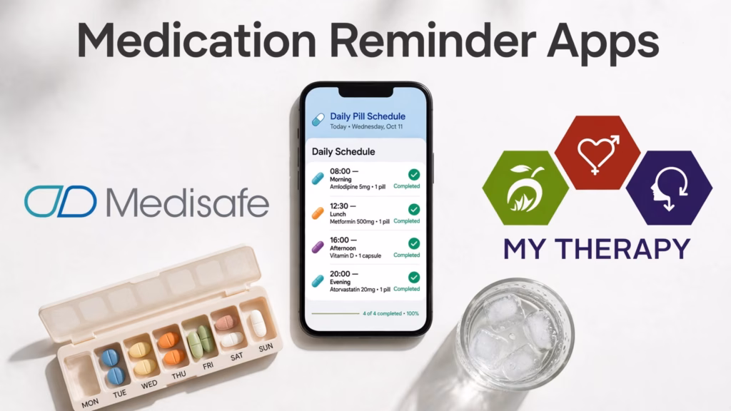 Phone with a pill schedule next to the Medisafe and MyTherapy logos and a pill organizer