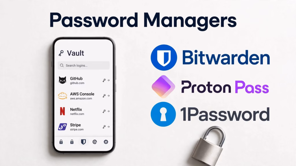 Phone with a password vault next to the Bitwarden, Proton Pass, and 1Password logos