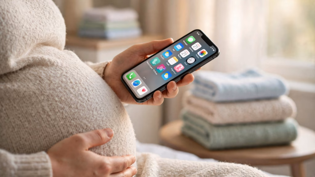Pregnant woman's hands on her belly holding a phone with the What to Expect, The Bump, and Pregnancy+ app icons