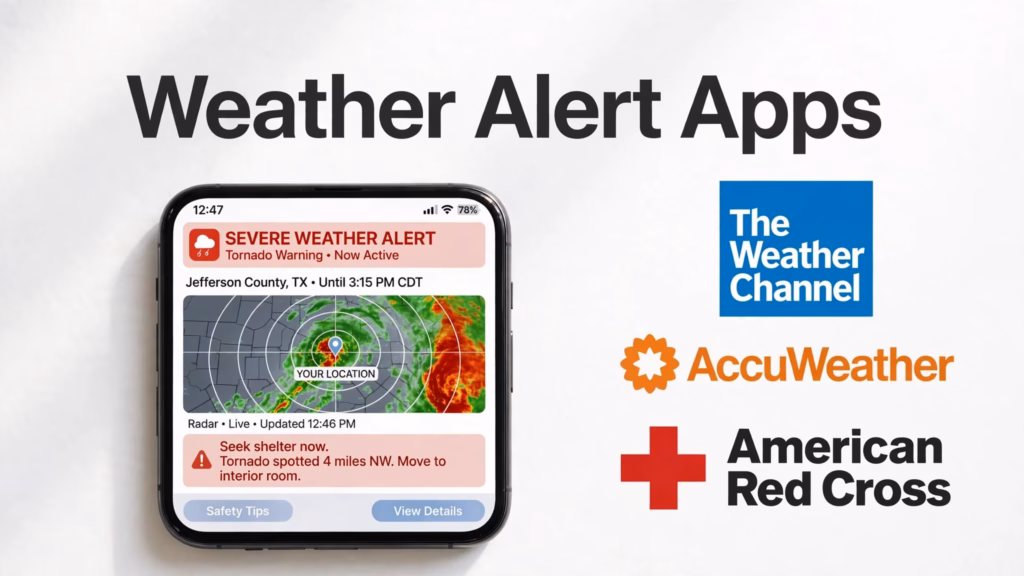 Phone with a storm alert next to the Weather Channel, AccuWeather, and Red Cross logos