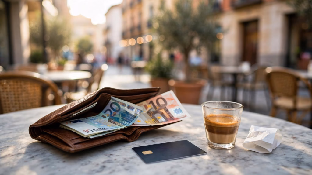 Cartera abierta con billetes de euro y una tarjeta junto a un cortado sobre la mesa de una cafetería
