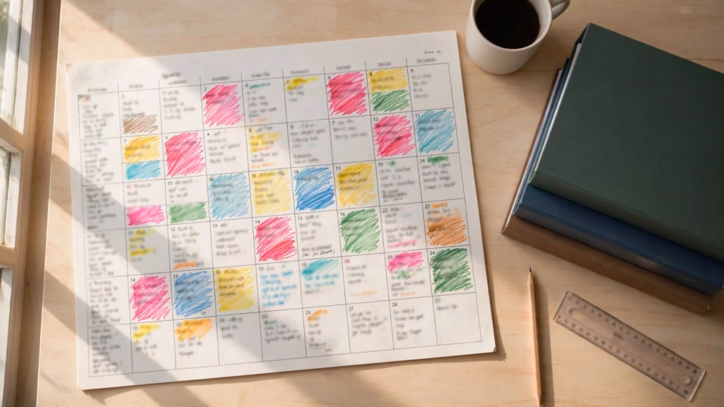 Planificador mensual con varias fechas marcadas con rotuladores de colores junto a unos temarios, un lápiz y una taza