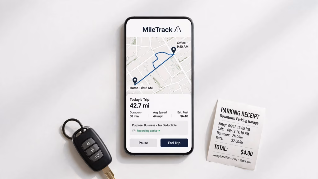 Mileage tracking app on a phone with a car key and a receipt