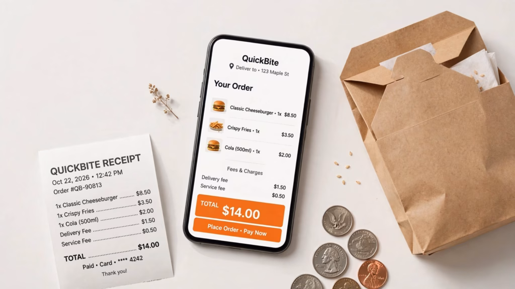 Food delivery app menu on a phone next to a receipt and coins
