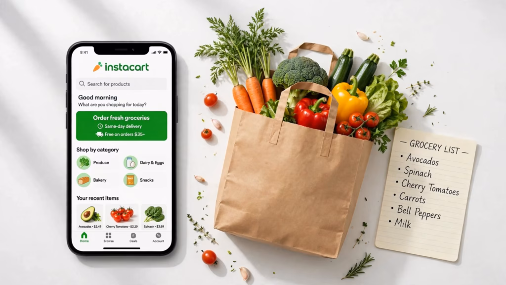 Instacart app on a phone next to a grocery bag with fresh vegetables