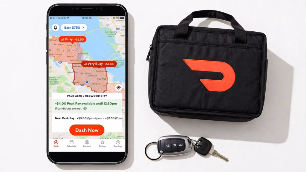 DoorDash logo on a driver app screen with an insulated delivery bag