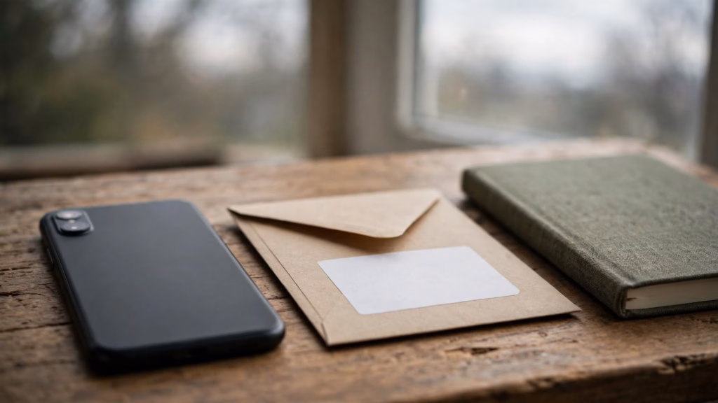 Phone face-down next to a folded envelope and a notebook on a desk