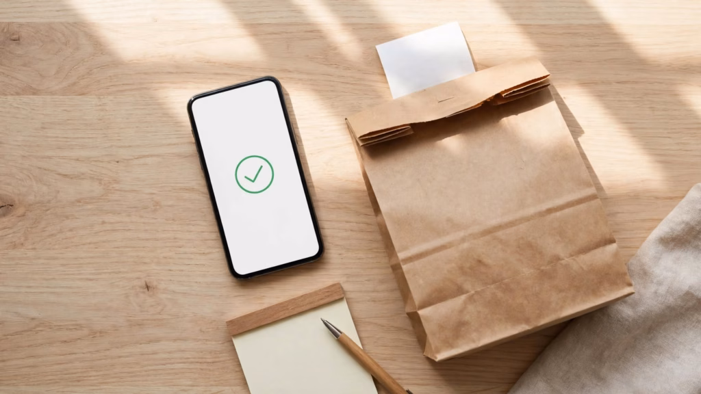 Phone with an order screen, a takeout receipt and a notepad on a table