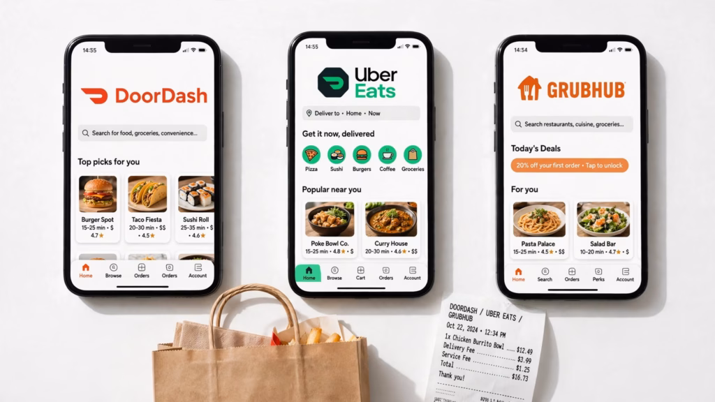 DoorDash, Uber Eats and Grubhub app screens on three phones with a takeout bag
