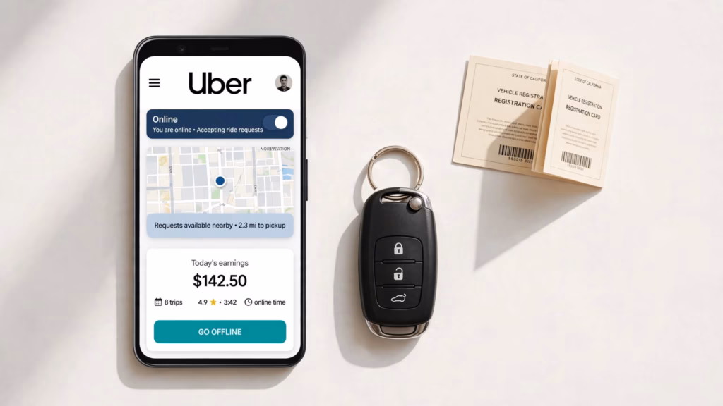 Uber logo on a driver app screen next to a car key and a registration card