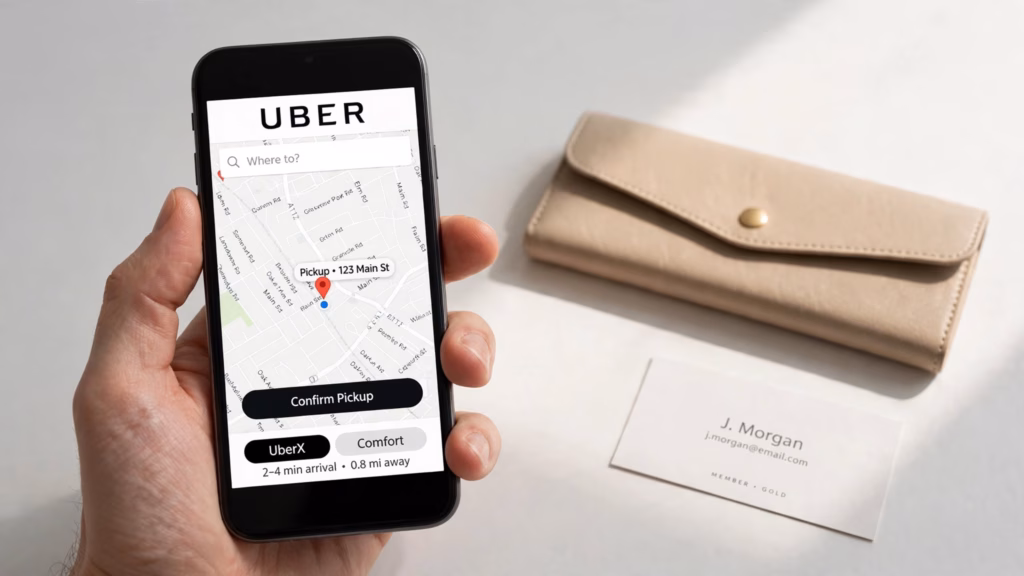 Hand holding a phone with the Uber app open to a ride map
