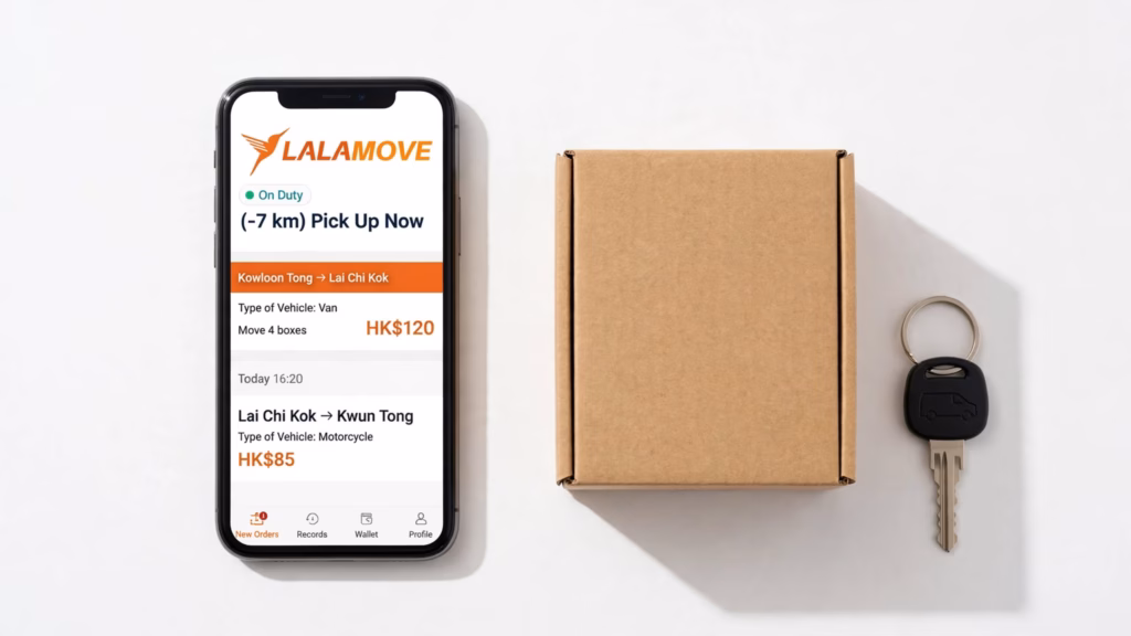 Lalamove driver app on a phone with a cardboard box and a van key