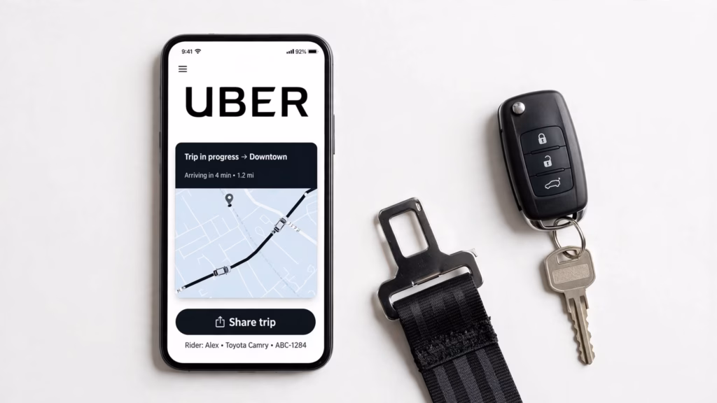 Uber app screen on a phone with a seat belt and a car key