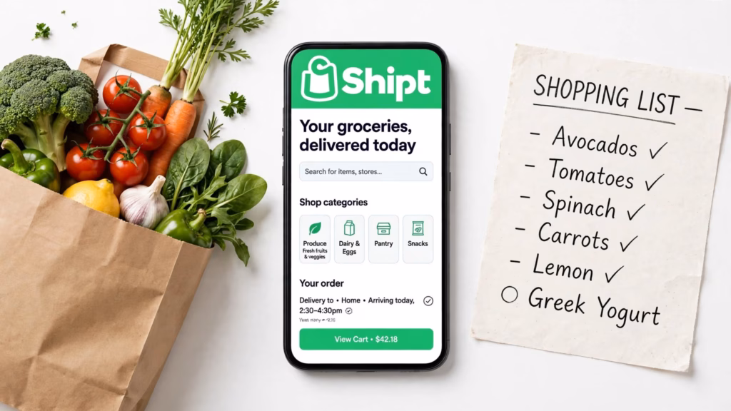 Shipt app on a phone next to a grocery bag and a shopping list