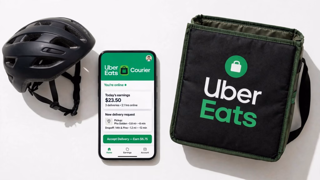 Uber Eats logo on a courier app screen with a bike helmet and a delivery bag