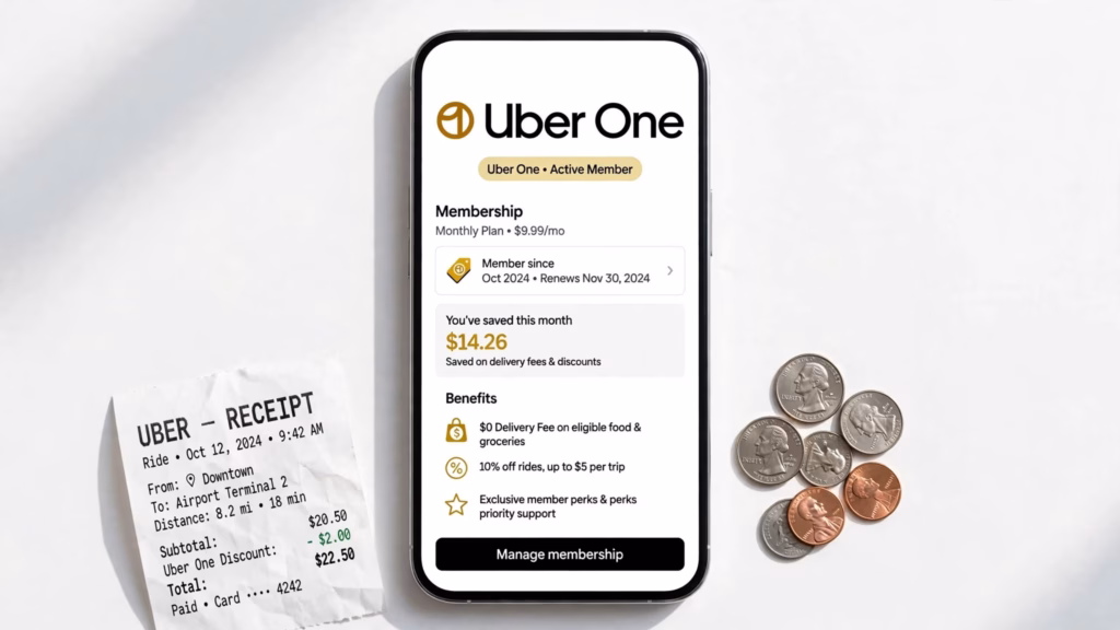 Uber One membership screen on a phone next to a receipt and coins
