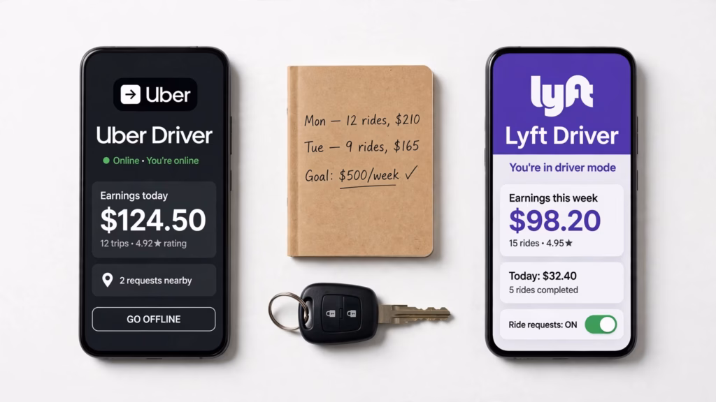 Uber and Lyft driver apps on two phones with a car key and a notebook