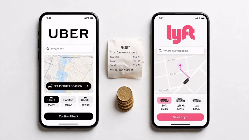 Uber and Lyft app screens on two phones with a receipt between them