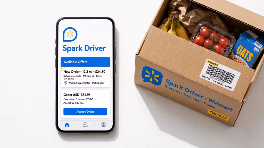 Spark Driver app on a phone next to a grocery box