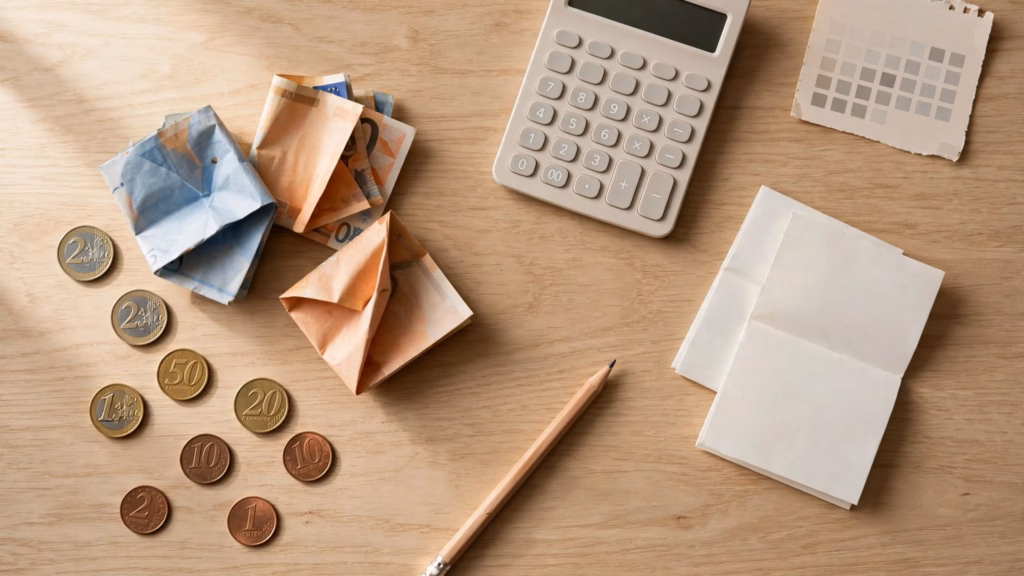 Billetes y monedas de euro, una calculadora y dos nóminas sobre una mesa de madera