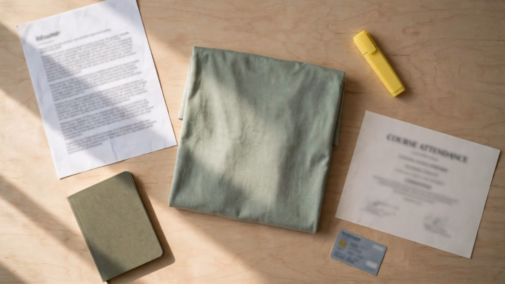 Currículum impreso con un rotulador, un certificado de curso, una camiseta de voluntariado doblada y una libreta sobre una mesa