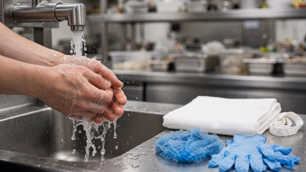 Manos lavándose bajo el grifo de una cocina profesional, con un delantal, una redecilla y guantes sobre la encimera