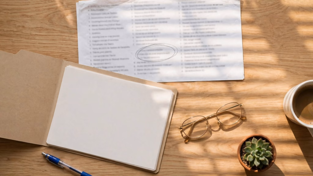 Listado de cursos con una línea marcada a lápiz sobre una mesa, junto a una carpeta, un bolígrafo y unas gafas de lectura