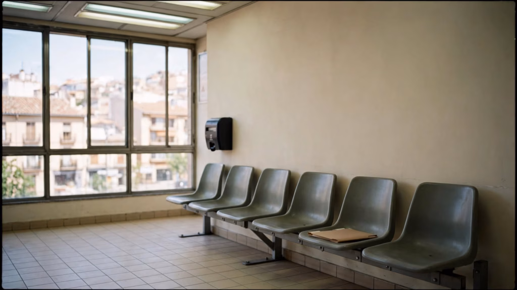 Sala de espera vacía de una oficina municipal con sillas de plástico, un dispensador de turnos y una carpeta sobre una silla