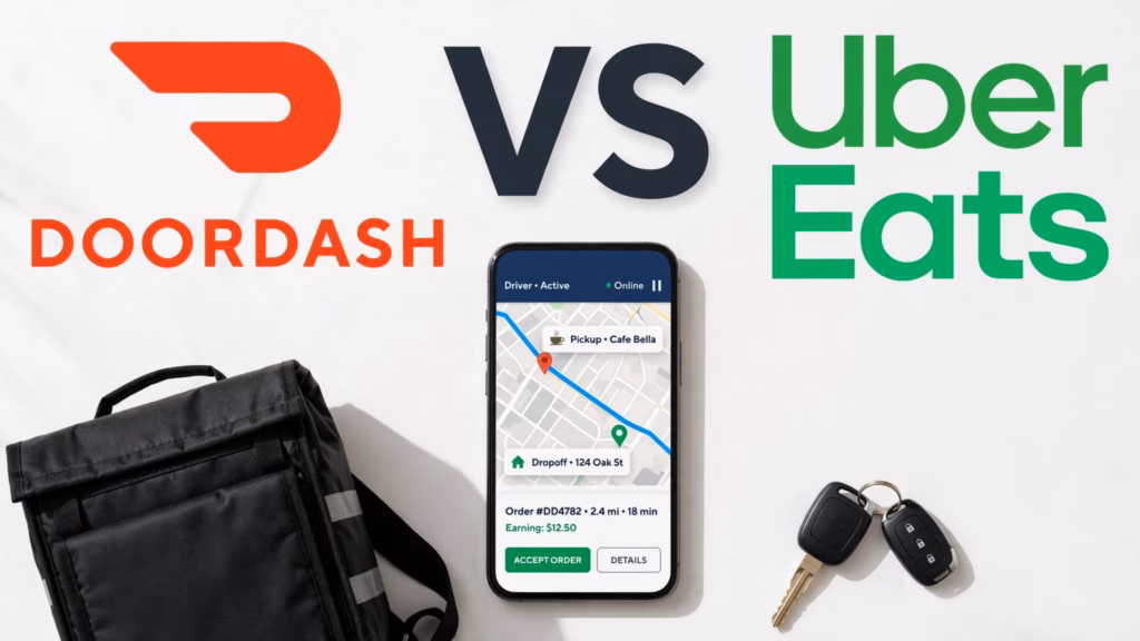 DoorDash and Uber Eats logos with a delivery driver app on a phone and an insulated bag