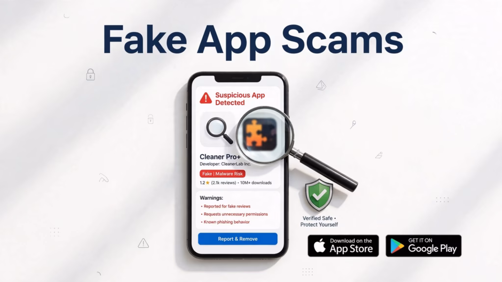 Phone showing an app listing flagged with a warning triangle and a magnifying glass