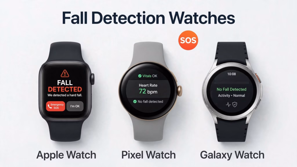 Apple Watch, Pixel Watch, and Galaxy Watch lined up with a fall alert on screen