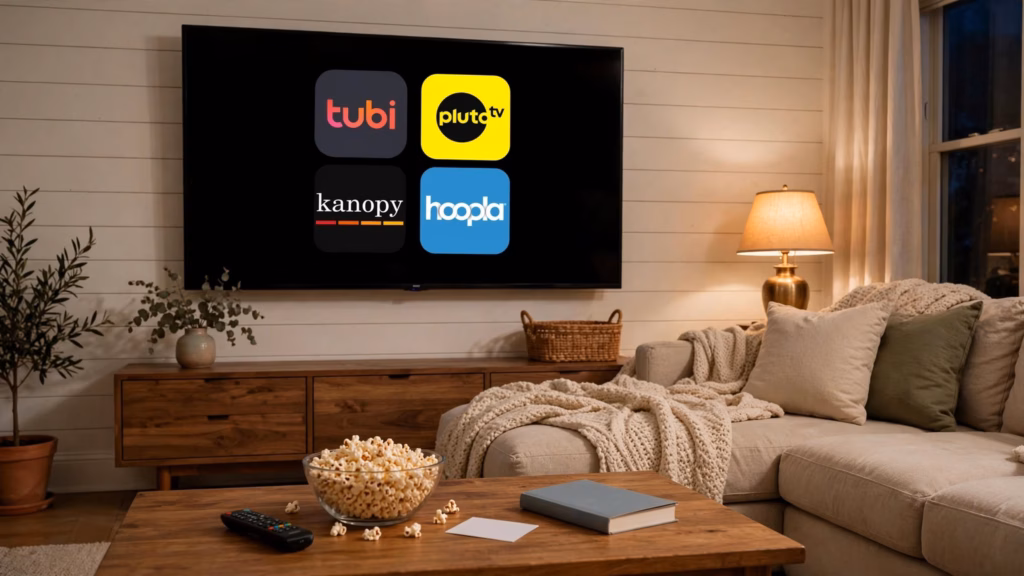 TV showing Tubi, Pluto TV, Kanopy, and Hoopla app tiles above a bowl of popcorn, a library card, and a paperback