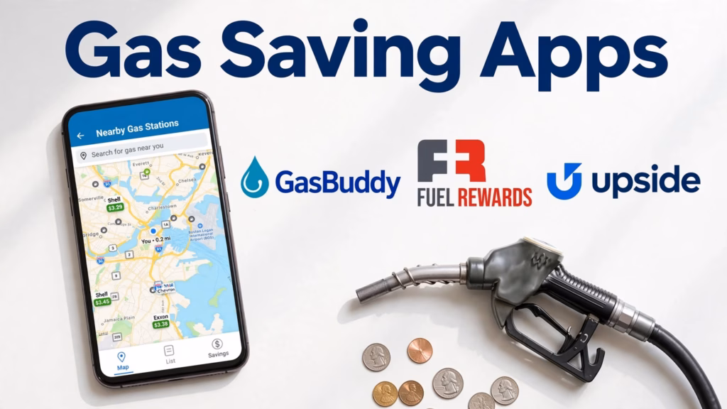 Phone showing nearby gas prices next to the GasBuddy, Fuel Rewards, and Upside logos