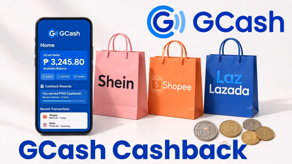 Phone with the GCash app and the GCash, Shein, Shopee, and Lazada logos