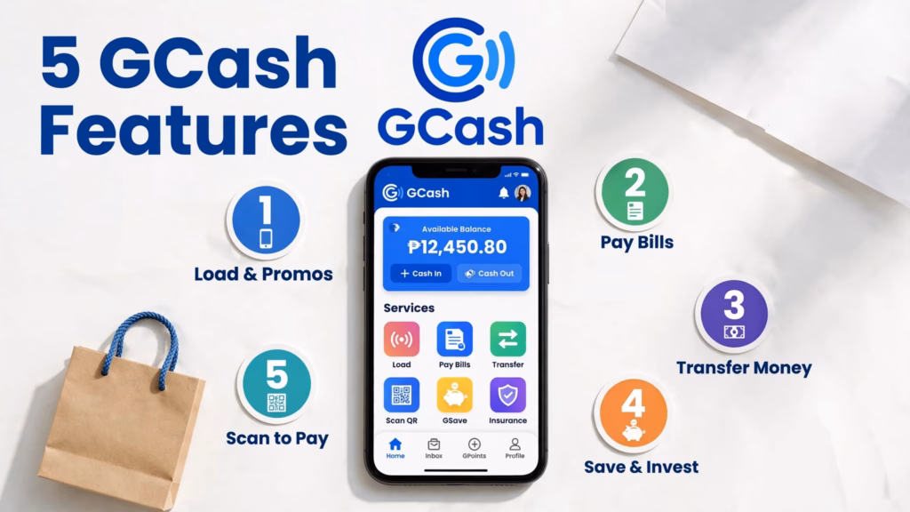 Phone showing the GCash app with five numbered feature badges and the GCash logo
