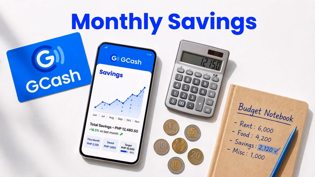 Phone showing the GCash app with a savings chart, a calculator, and peso coins