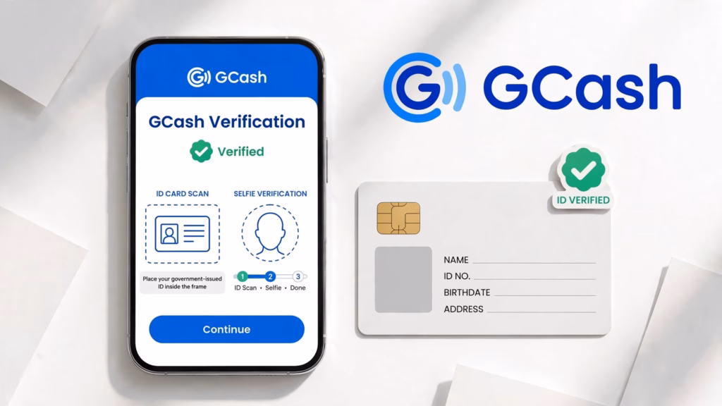 Phone showing the GCash verification screen with an ID scan frame and selfie circle