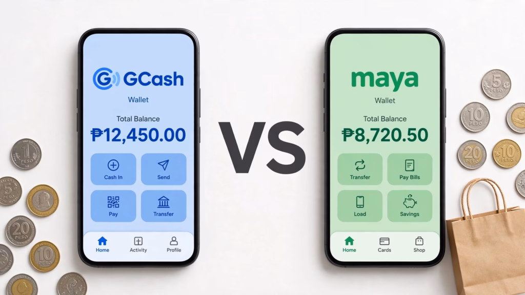 GCash and Maya apps side by side with their logos and a VS in the middle
